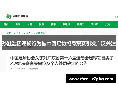 孙准浩因违规行为被中国足协终身禁赛引发广泛关注 孙准浩因违规行为被中国足协终身禁赛引发广泛关注