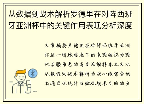 从数据到战术解析罗德里在对阵西班牙亚洲杯中的关键作用表现分析深度