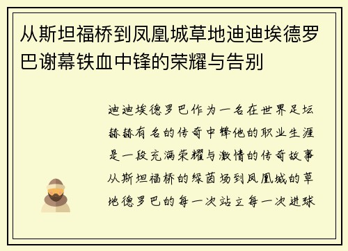 从斯坦福桥到凤凰城草地迪迪埃德罗巴谢幕铁血中锋的荣耀与告别 从斯坦福桥到凤凰城草地迪迪埃德罗巴谢幕铁血中锋的荣耀与告别